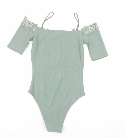 Topshop Women Green Lace Off Shoulder Bodysuit UK 4 Slim Fit