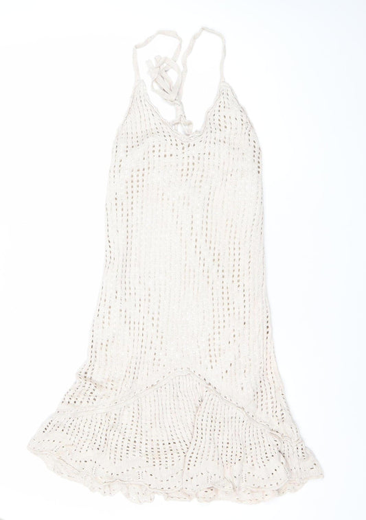 Stradivarius Women Ivory Crochet Slip Dress Size 12 Summer Beachwear