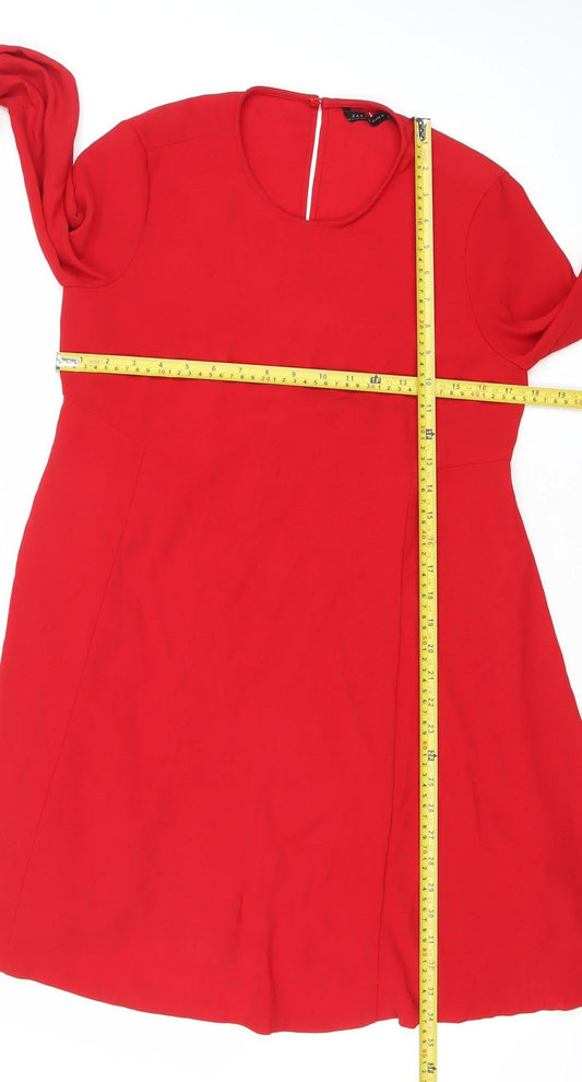 Zara Women Red Knee Length Shift Dress Size M Long Sleeve