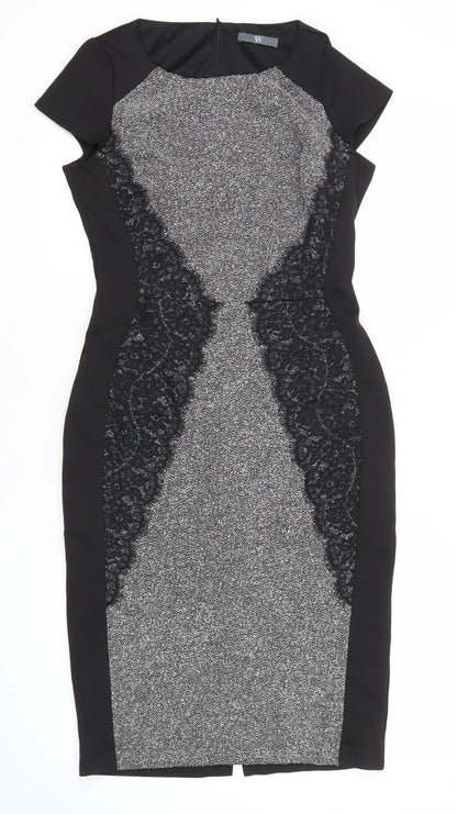 BHS Womens Black Grey Lace Sheath Knee Length Dress Size 8