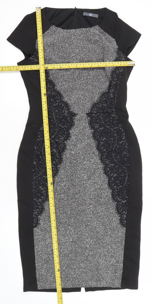 BHS Womens Black Grey Lace Sheath Knee Length Dress Size 8