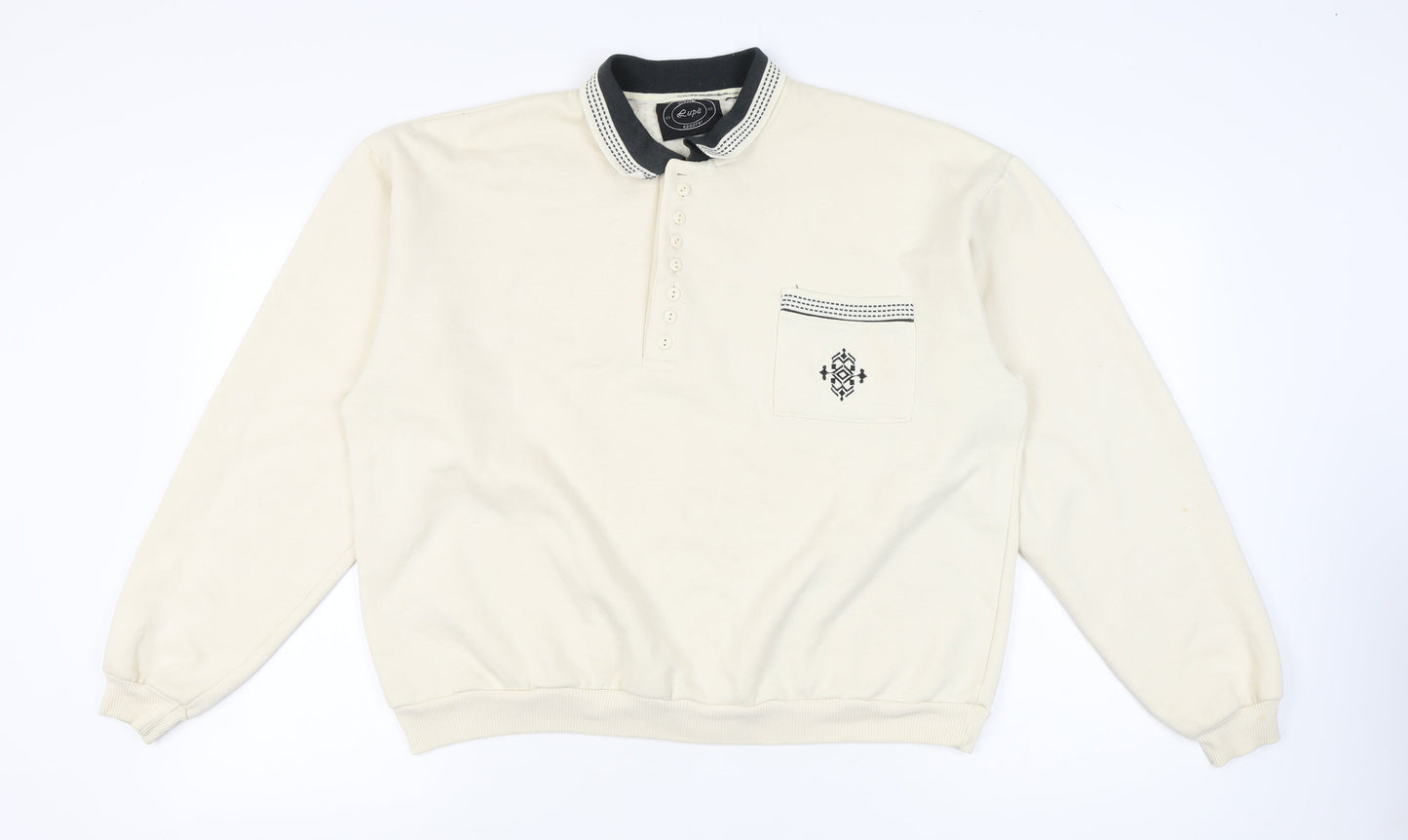 Lupa Men’s Beige XL Collared Henley Sweatshirt Embroidered Pocket