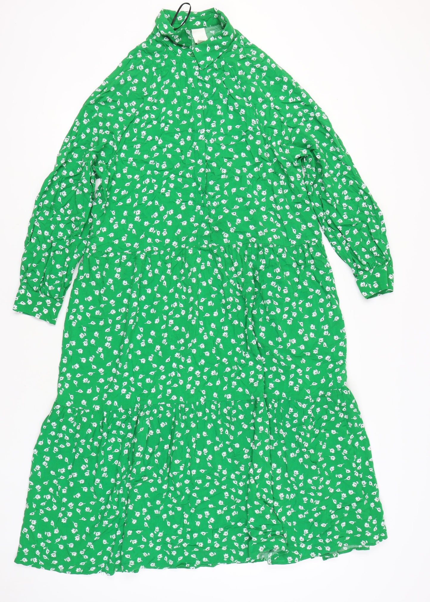 H&M Womens Green Floral Midi Shirt Dress Size M Viscose Long Sleeve