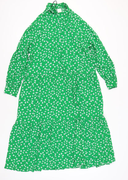 H&M Womens Green Floral Midi Shirt Dress Size M Viscose Long Sleeve