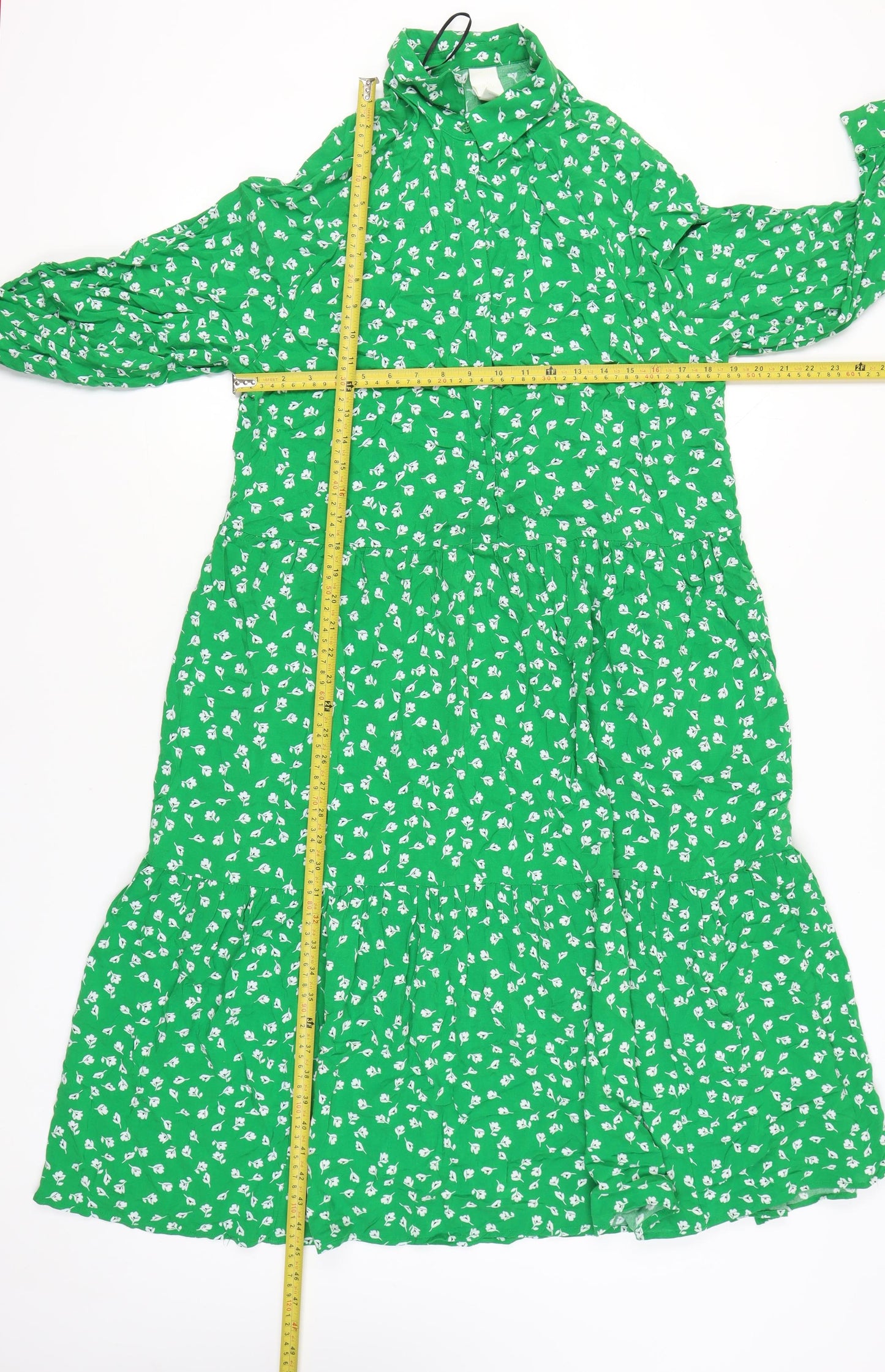 H&M Womens Green Floral Midi Shirt Dress Size M Viscose Long Sleeve