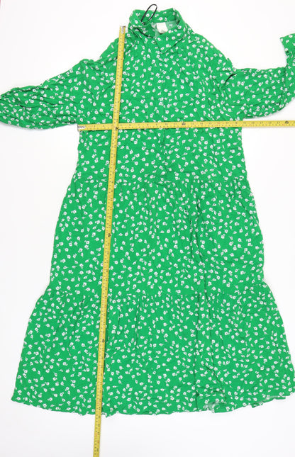 H&M Womens Green Floral Midi Shirt Dress Size M Viscose Long Sleeve