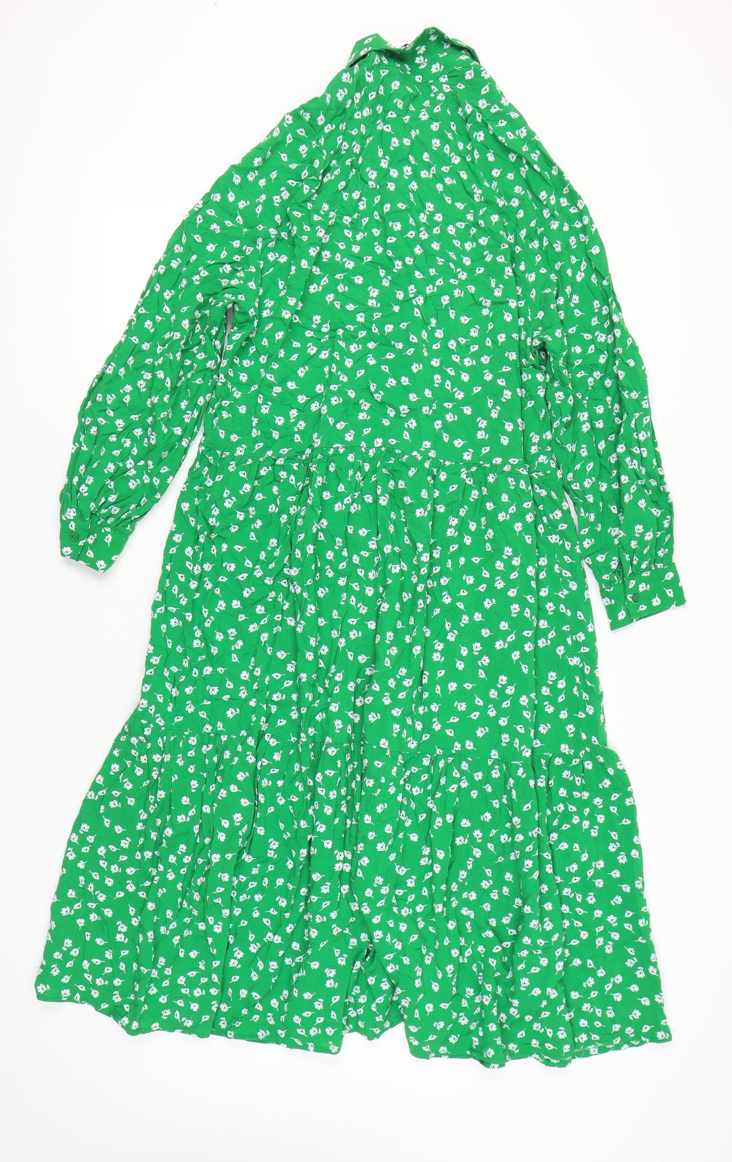 H&M Womens Green Floral Midi Shirt Dress Size M Viscose Long Sleeve