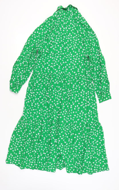 H&M Womens Green Floral Midi Shirt Dress Size M Viscose Long Sleeve