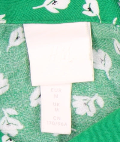 H&M Womens Green Floral Midi Shirt Dress Size M Viscose Long Sleeve