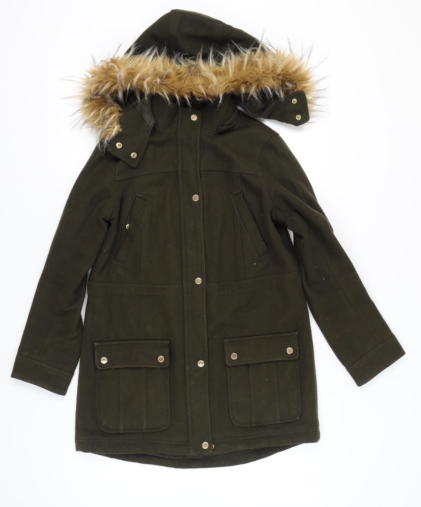 Express Women's Green Parka Coat Faux Fur Hood Size S Wool Blend