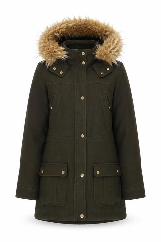 Express Women's Green Parka Coat Faux Fur Hood Size S Wool Blend