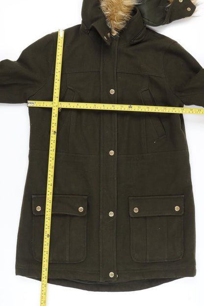 Express Women's Green Parka Coat Faux Fur Hood Size S Wool Blend