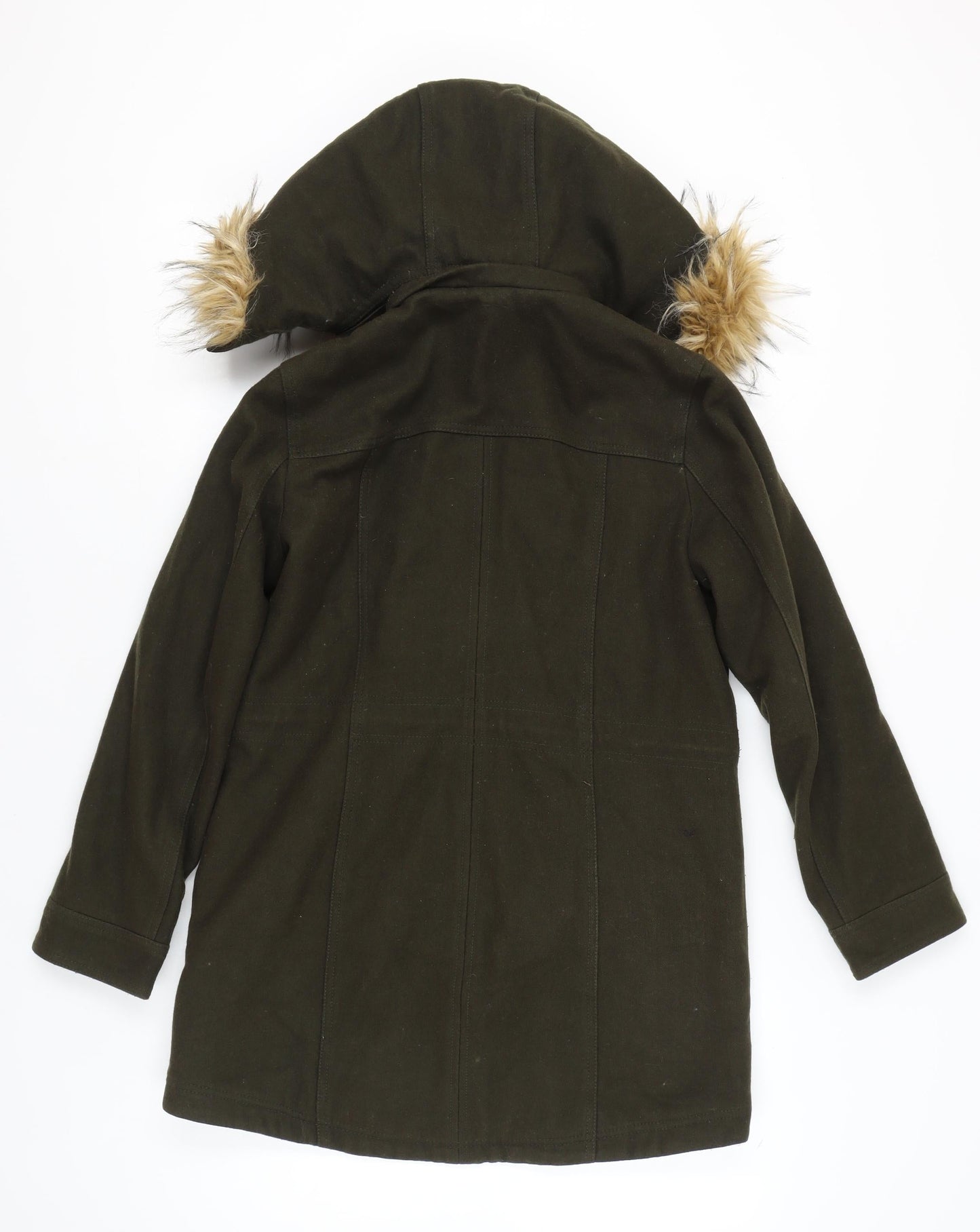 Express Women's Green Parka Coat Faux Fur Hood Size S Wool Blend