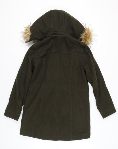 Express Women's Green Parka Coat Faux Fur Hood Size S Wool Blend