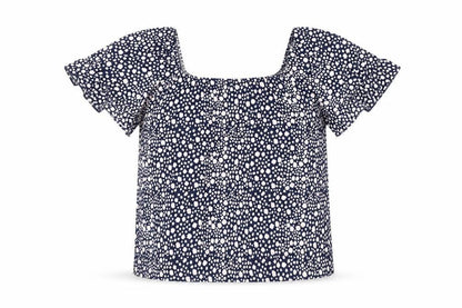 Front view of M&Co girls’ blue floral cropped blouse 15 years short sleeve summer top