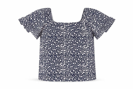Front view of M&Co girls’ blue floral cropped blouse 15 years short sleeve summer top