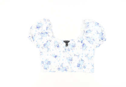 New Look Womens White Floral Cropped Blouse UK 14 Puff Sleeve