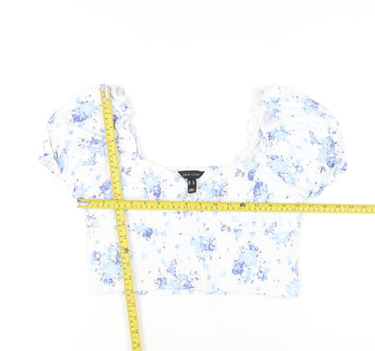 New Look Womens White Floral Cropped Blouse UK 14 Puff Sleeve
