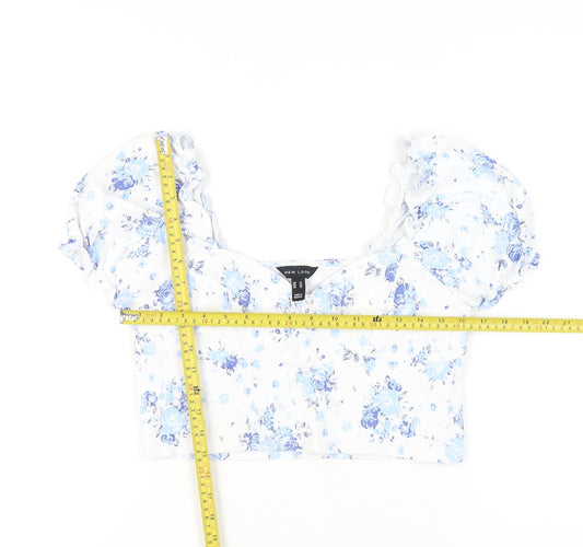 New Look Womens White Floral Cropped Blouse UK 14 Puff Sleeve