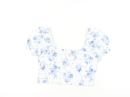 New Look Womens White Floral Cropped Blouse UK 14 Puff Sleeve