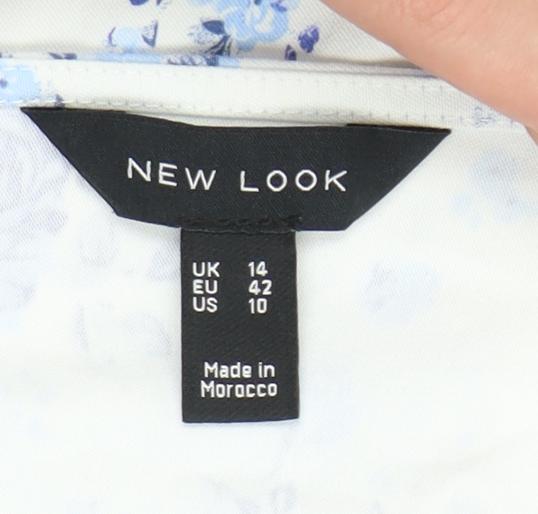 New Look Womens White Floral Cropped Blouse UK 14 Puff Sleeve