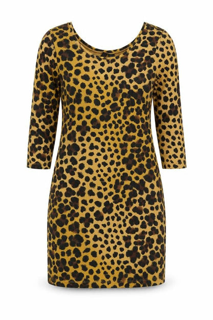 H&M Women Brown Leopard Print Bodycon Dress Size 14 3/4 Sleeve Scoop Neck