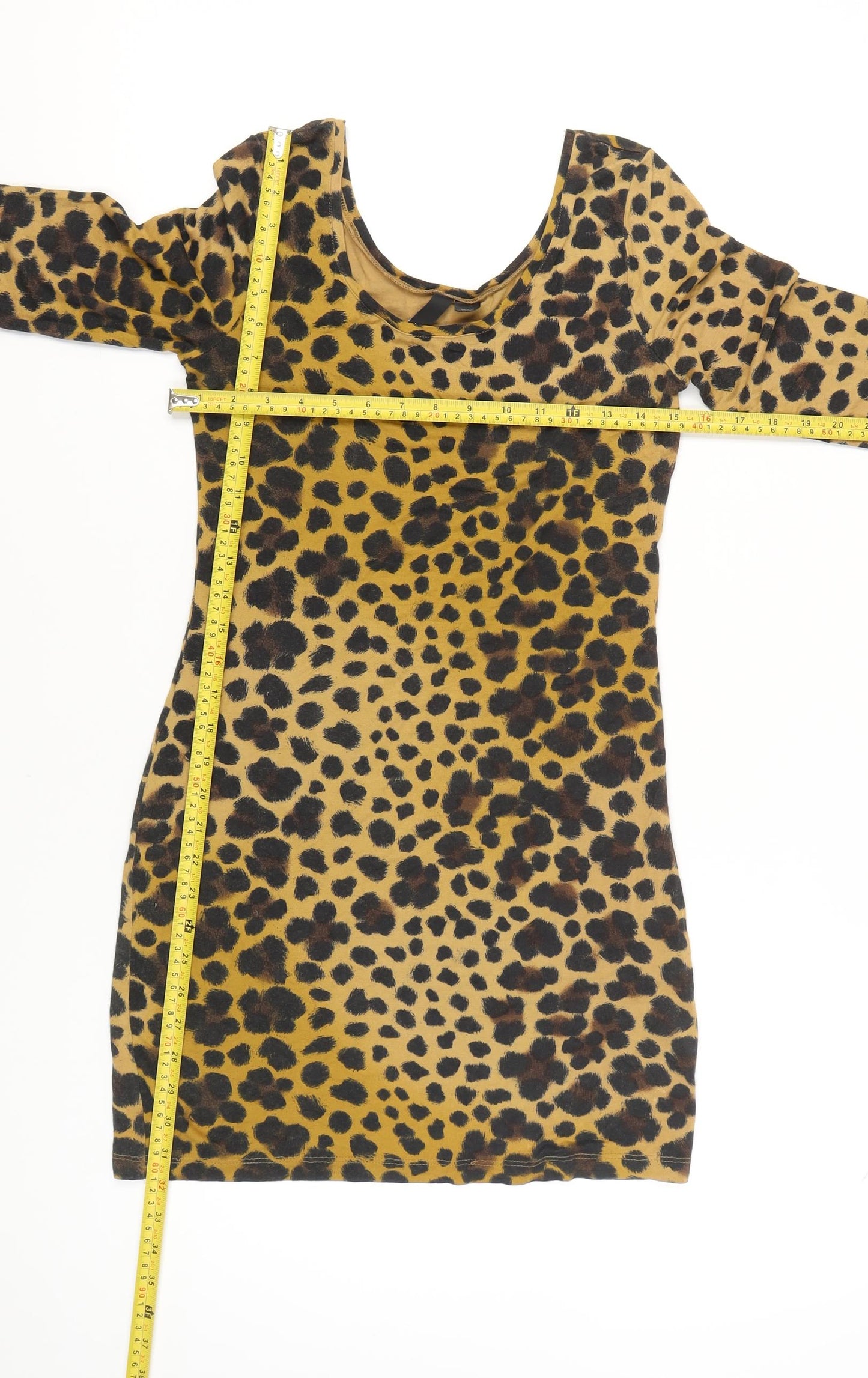 H&M Women Brown Leopard Print Bodycon Dress Size 14 3/4 Sleeve Scoop Neck