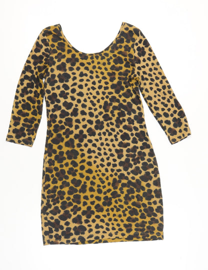 H&M Women Brown Leopard Print Bodycon Dress Size 14 3/4 Sleeve Scoop Neck