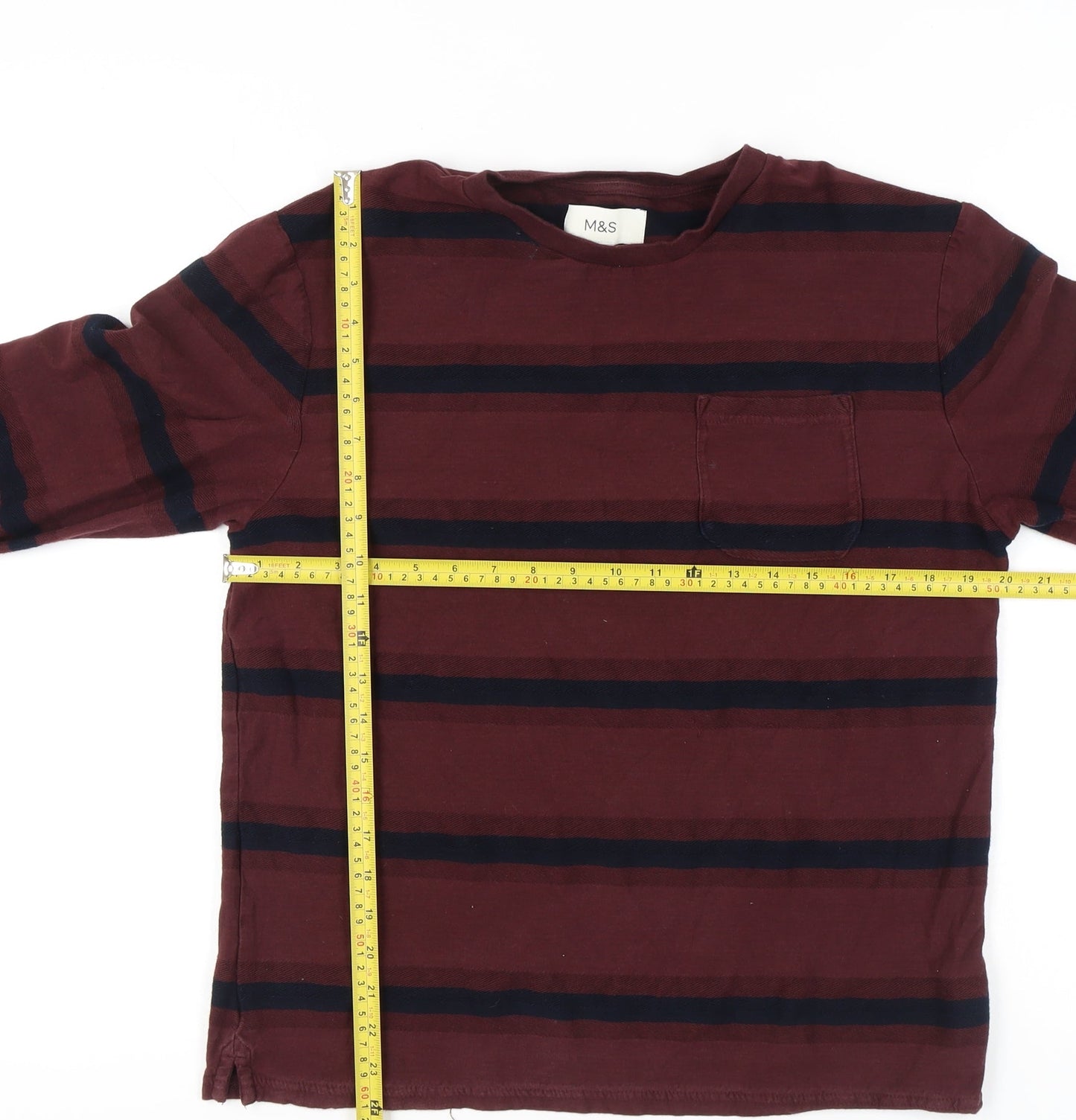 Marks and Spencer Men's Red Striped Long Sleeve Cotton T-Shirt M
