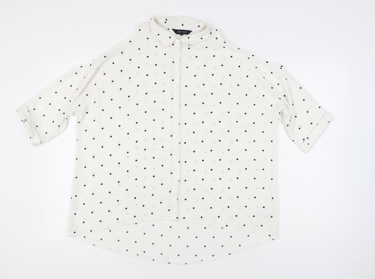 New Look Women White Polka Dot Cold Shoulder Button-Up Shirt Size 12
