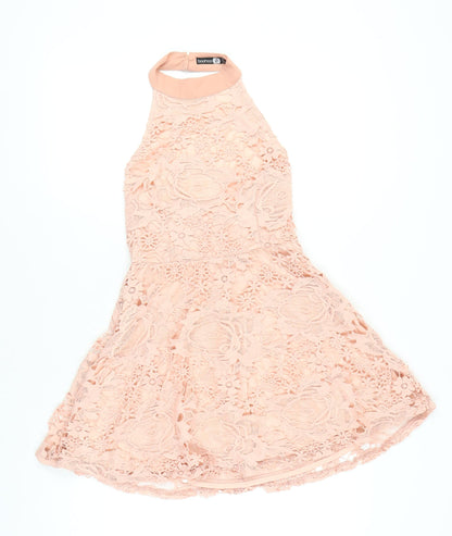 Boohoo Womens Pink Lace Halter A-Line Party Dress UK 8