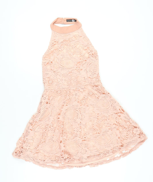 Boohoo Womens Pink Lace Halter A-Line Party Dress UK 8