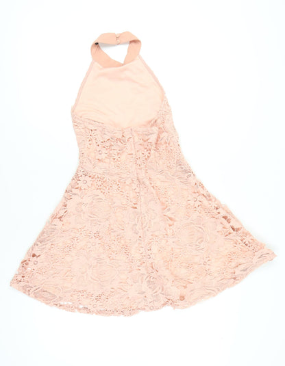 Boohoo Womens Pink Lace Halter A-Line Party Dress UK 8