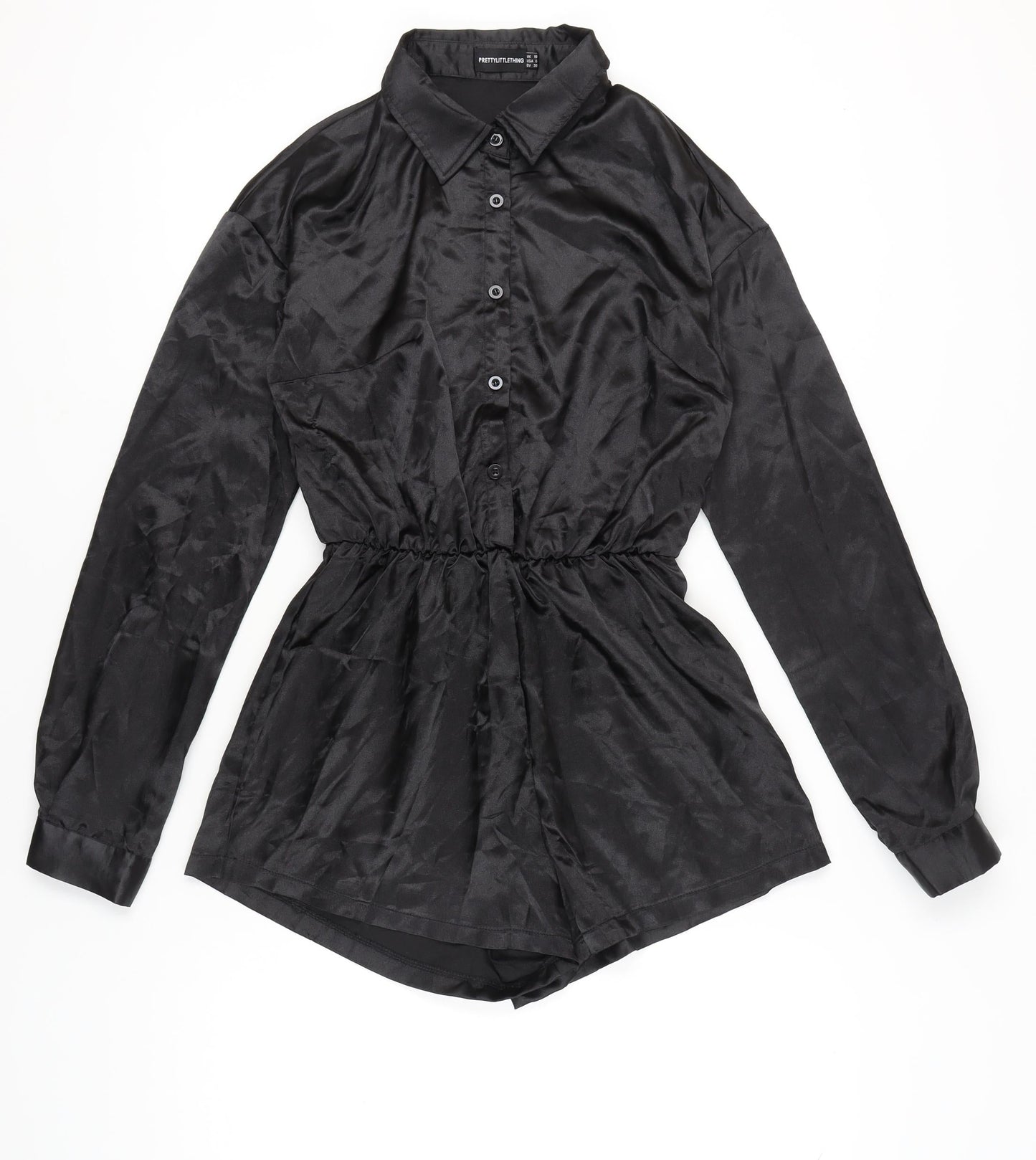 PrettyLittleThing Womens Black Collared Long Sleeve Playsuit Size 10