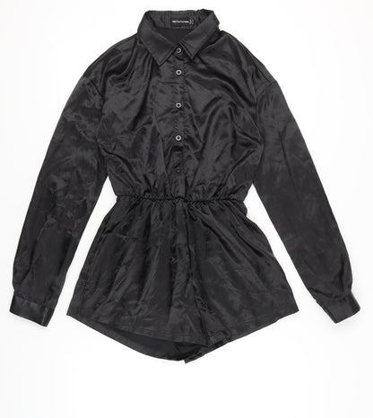 PrettyLittleThing Womens Black Collared Long Sleeve Playsuit Size 10