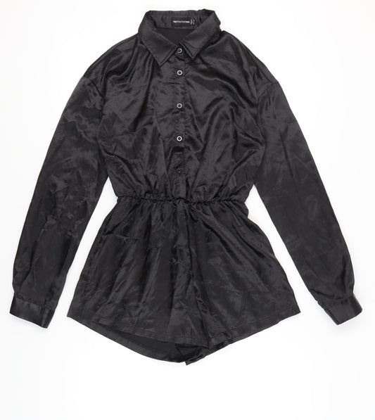 PrettyLittleThing Womens Black Collared Long Sleeve Playsuit Size 10