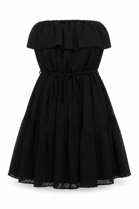Front view of ASOS Women Black, size 10, Strapless Short Polka Dot Chiffon Dress