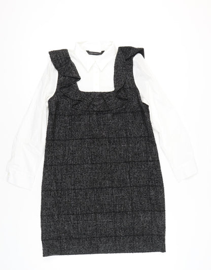 Zara Women Black Check Ruffle Pinafore Dress Size 8 Workwear