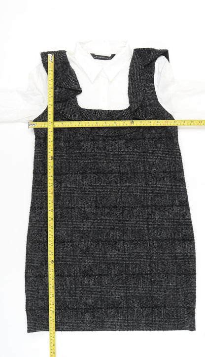 Zara Women Black Check Ruffle Pinafore Dress Size 8 Workwear