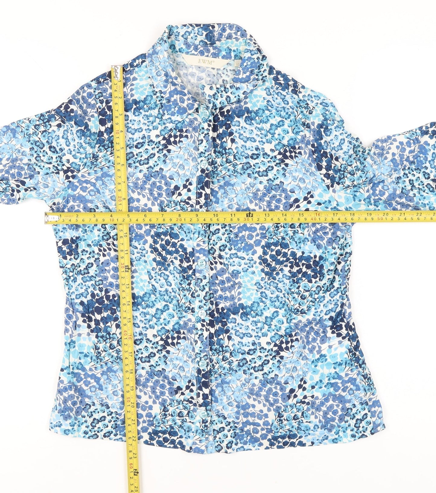 EWM Womens Blue Floral Viscose Button-Up Shirt Size 12