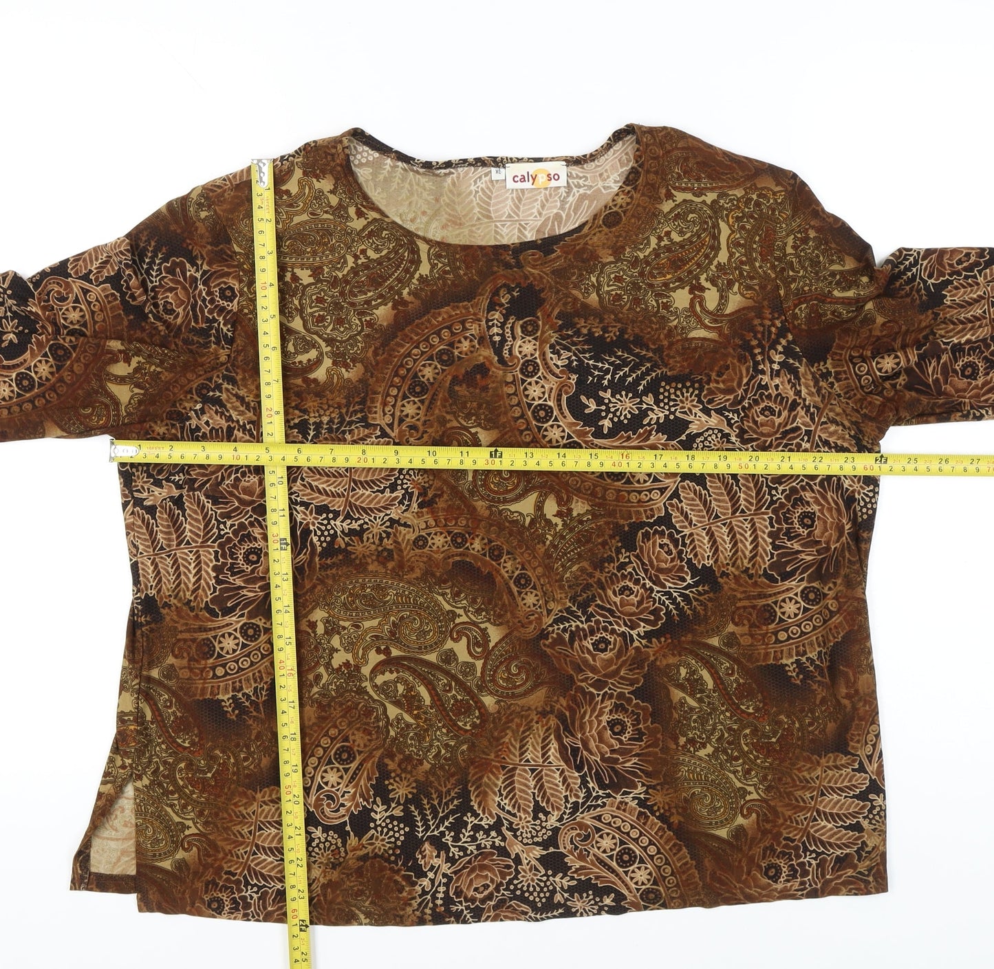 Calypso Womens Brown Paisley Tunic Blouse XL Long Sleeve Casual
