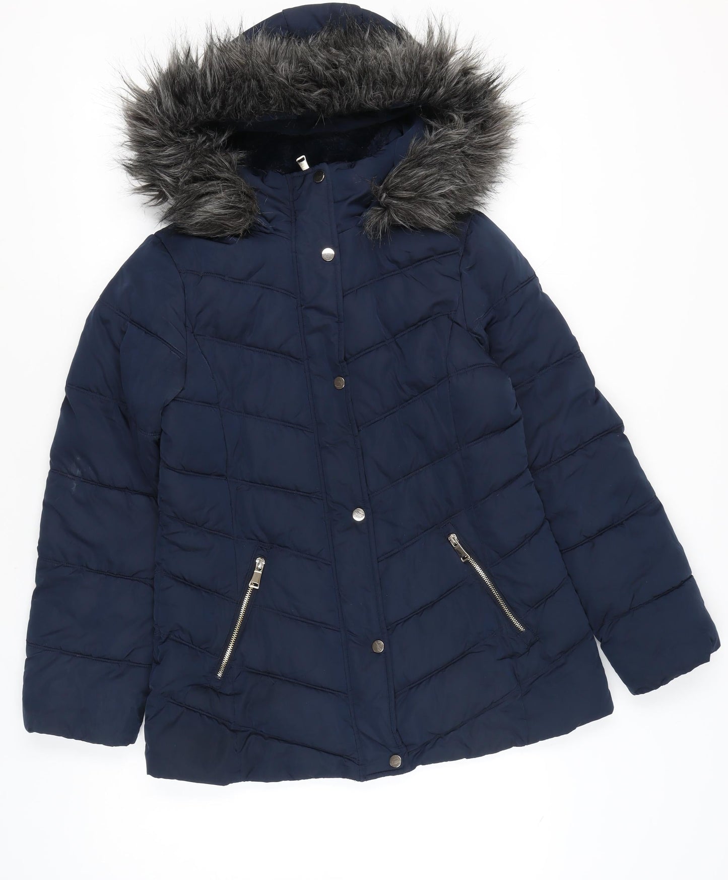 Primark Womens Blue XS Puffer Coat with Faux Fur Hood