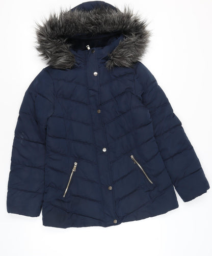 Primark Womens Blue XS Puffer Coat with Faux Fur Hood
