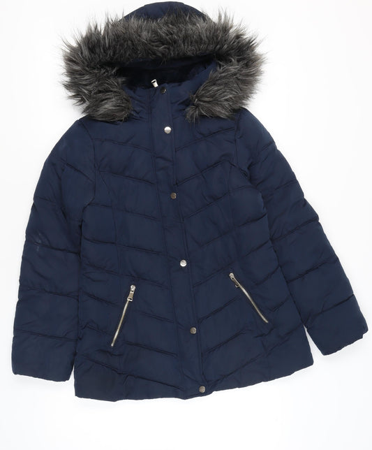 Primark Womens Blue XS Puffer Coat with Faux Fur Hood