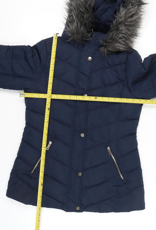 Primark Womens Blue XS Puffer Coat with Faux Fur Hood