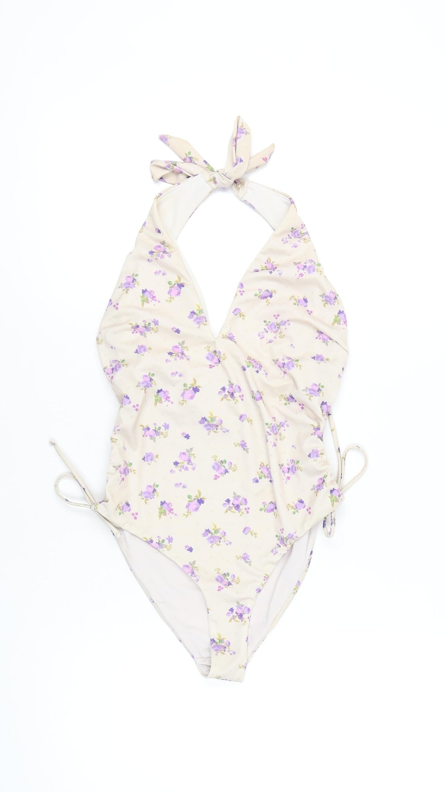 CRIS Design Womens Beige Floral Halter One Piece Swimsuit Size 10