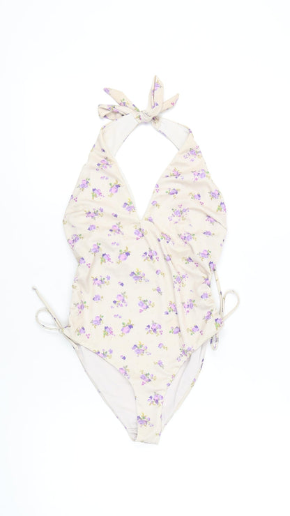 CRIS Design Womens Beige Floral Halter One Piece Swimsuit Size 10