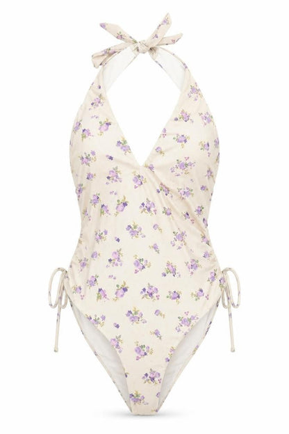 CRIS Design Womens Beige Floral Halter One Piece Swimsuit Size 10