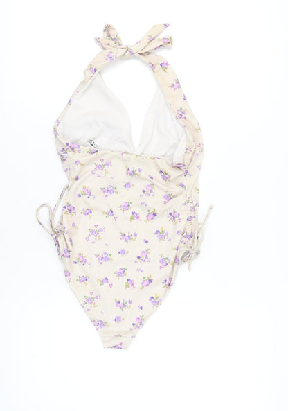 CRIS Design Womens Beige Floral Halter One Piece Swimsuit Size 10
