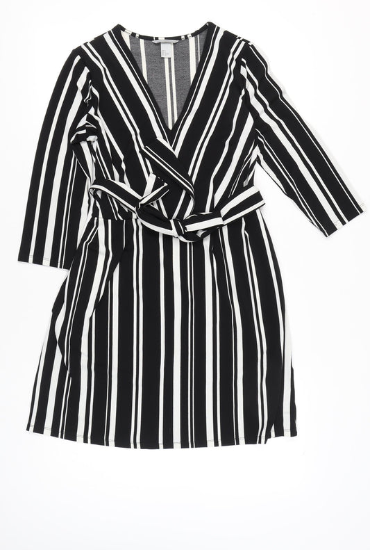 H&M Women’s Black White Striped Wrap Dress Size 8 Knee Length